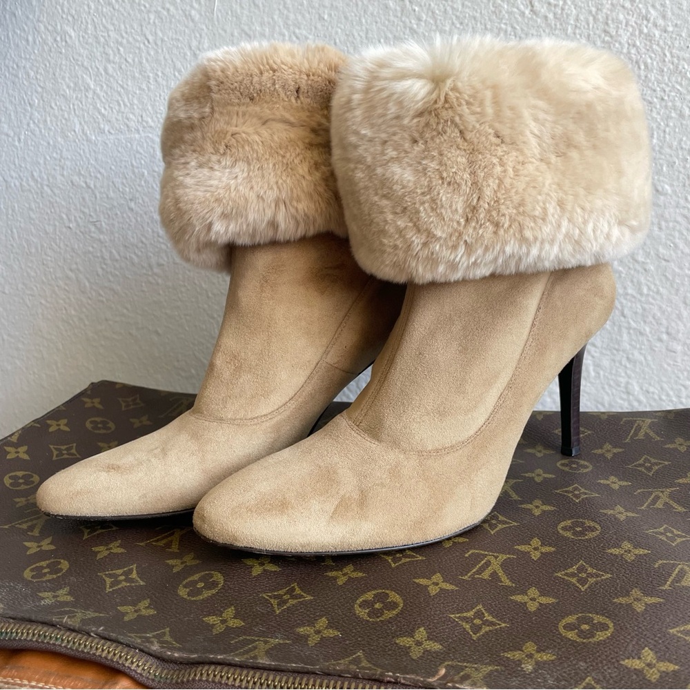 Cole Haan Beige Suede Fur-Cuff Stiletto Booties